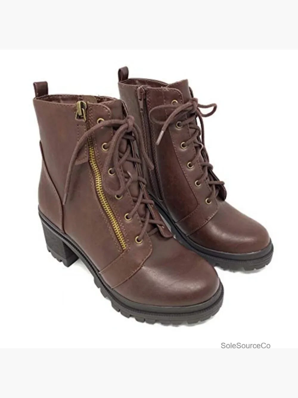 Faux Leather Lace Up Chunky Heel Ankle Booties Block Heel Zipper Boots